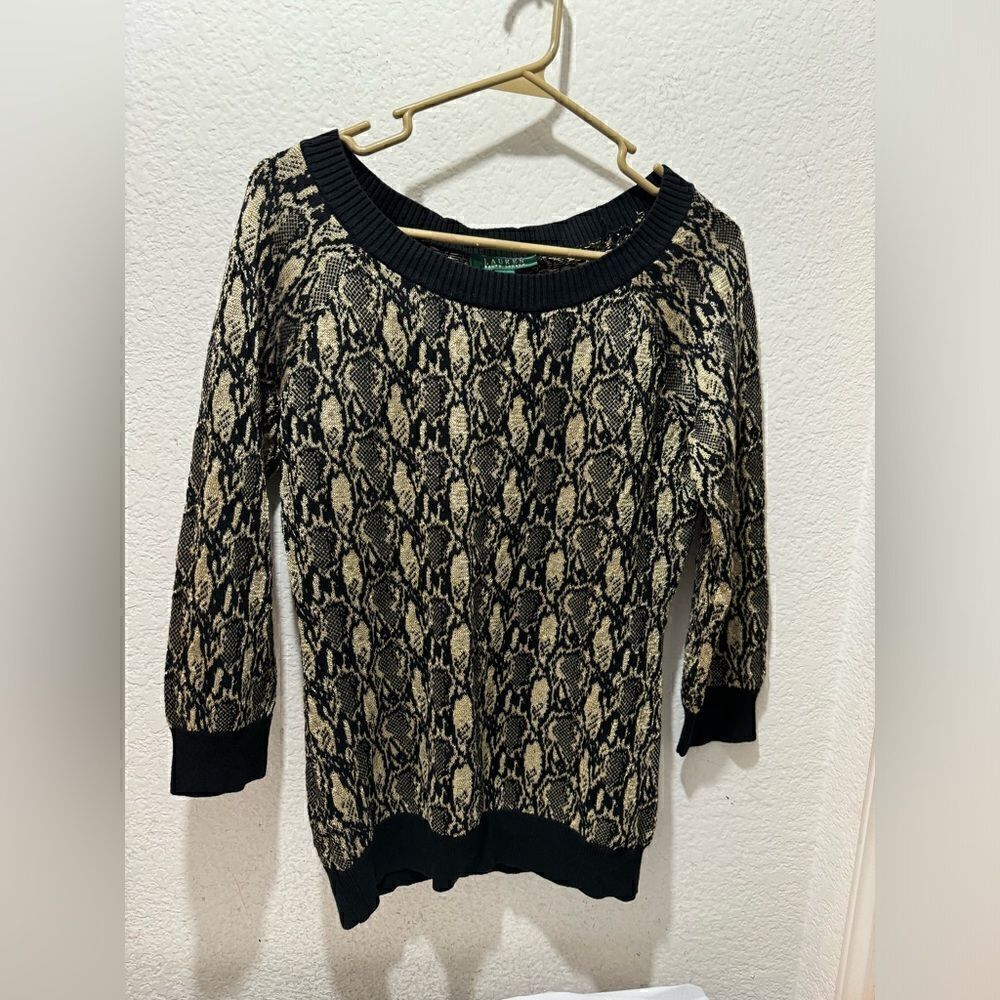 Ralph Lauren 3/4 Sleeve Boat Neck Sweater Tunic Black/Gold $99.50